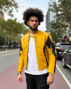 Men's DaRucci Moto Style Yellow & White Leather Jacket