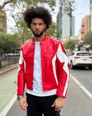 Men's DaRucci Moto Style Red & White Leather Jacket