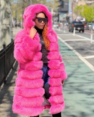 Women's DaRucci 3/4 Hot Pink Fox Fur Coat with Hood