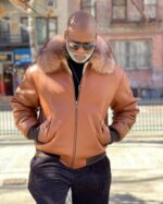 Men's DaRucci Cognac 3/4 Shearling Coat with Crystal Fox Fur