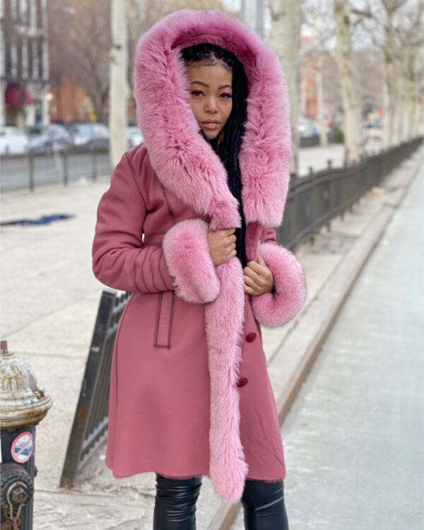 Women's DaRucci 3/4 Long Pink Shearling with Pink Fox Fur and Hood