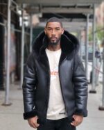 Men's DaRucci Black Bomber Style Shearling Jacket with Black Fox Fur Hood