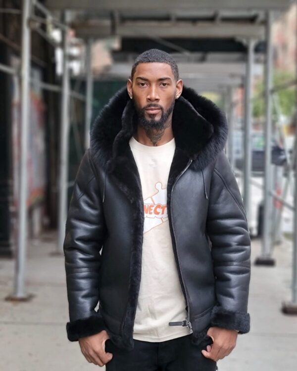 Men's DaRucci Black Bomber Style Shearling Jacket with Black Fox Fur Hood