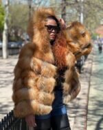 Women's DaRucci Natural Red Fox Fur Waist Length Jacket with Hood