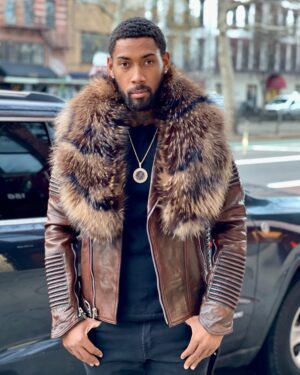 Men's DaRucci Wax Brown Biker Ribbed Leather Jacket with Mix Fox Fur