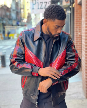 Men's DaRucci Black Leather Jacket with Red Python Trim