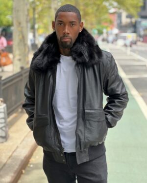 Men's DaRucci Black Leather Flight Bomber Jacket with Fox Fur
