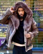 Men's Shearling - Brown Biker Style With Brown Fox Fur & Hood