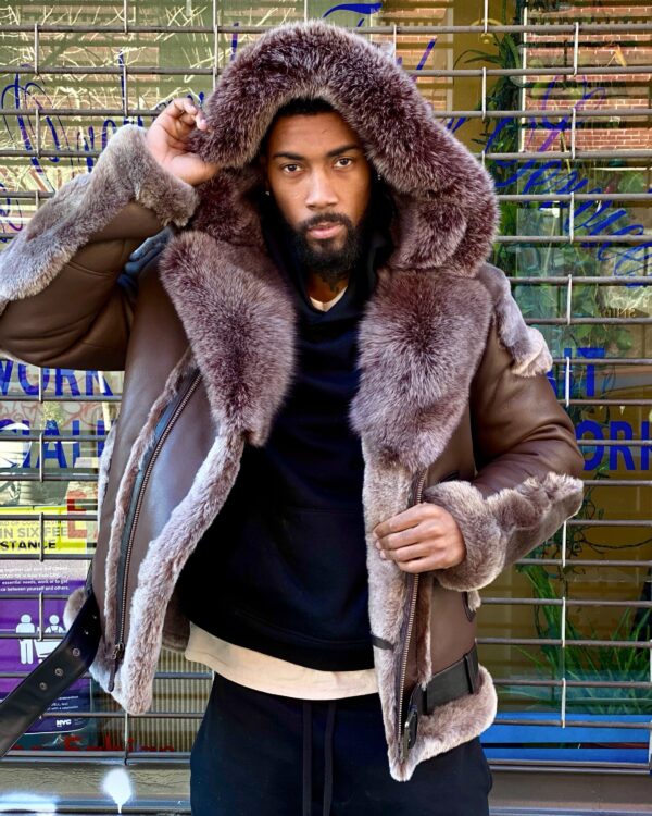 Men's Shearling - Brown Biker Style With Brown Fox Fur & Hood