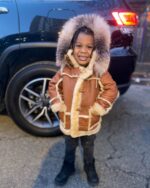 Kids' DaRucci Cognac 3/4 Length Shearling Coat with Crystal Fox Fur Hood