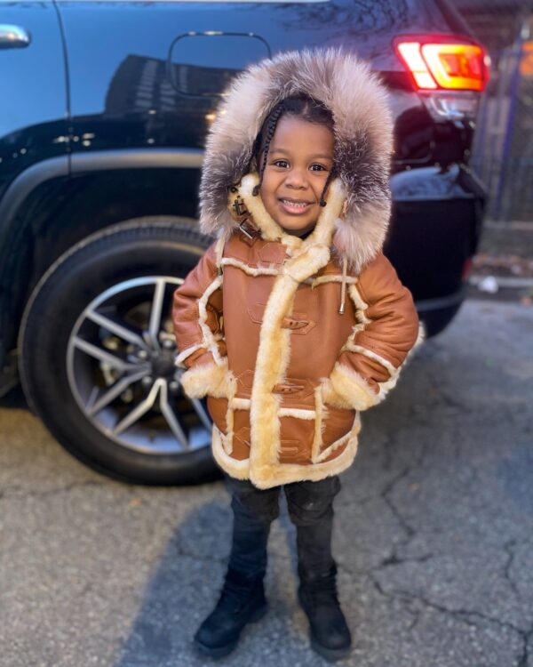 Kids' DaRucci Cognac 3/4 Length Shearling Coat with Crystal Fox Fur Hood