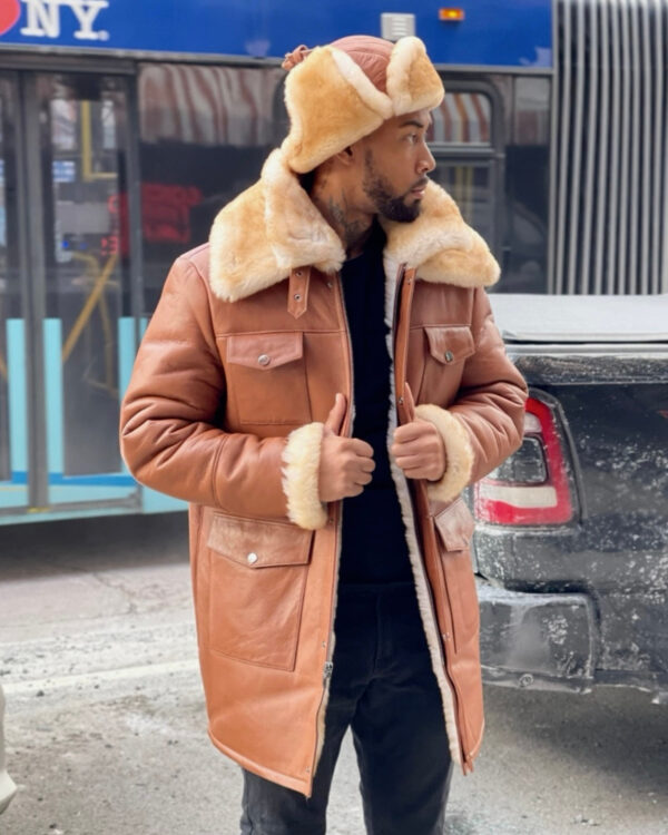 Men's DaRucci Cognac 3/4 Shearling Trench Coat with Pockets