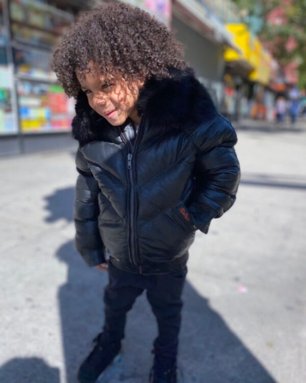 Kids' DaRucci Black V-Bomber Leather Jacket with Black Fox Fur Collar