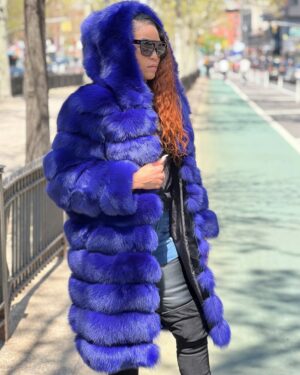 Women's DaRucci 3/4 Blue Fox Fur Coat with Hood