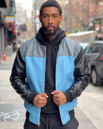 Men's DaRucci Black, Baby Blue, and Grey Baseball Style Leather Jacket