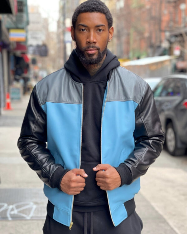 Men's DaRucci Black, Baby Blue, and Grey Baseball Style Leather Jacket