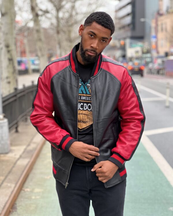 Men's DaRucci Red and Black Baseball Style Leather Jacket