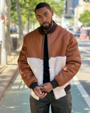 Men's DaRucci Cognac Reversible Baseball Shearling Bomber Jacket
