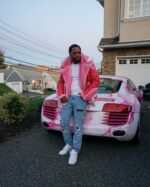 Men's DaRucci Camron Pink Biker Shearling Jacket with White Fox Fur Hood