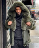 Men's DaRucci Olive Green Biker Shearling Jacket with Fox Fur