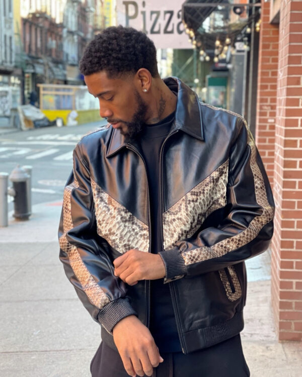 Men's DaRucci Black Leather Jacket with Natural Color Python Trim