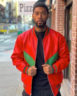 Men's DaRucci Red and Green Baseball Style Leather Jacket