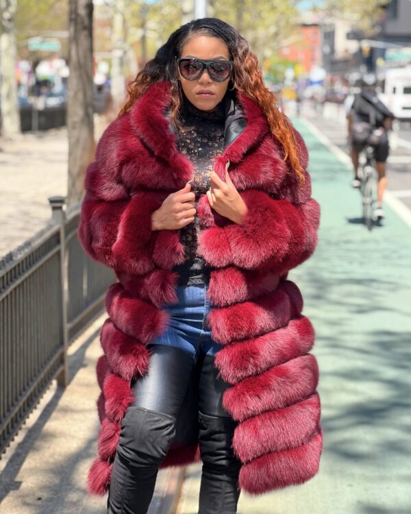 Women's DaRucci 3/4 Burgundy Fox Fur Coat with Hood