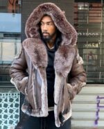 Men's Shearling - Brown Biker Style With Brown Fox Fur & Hood