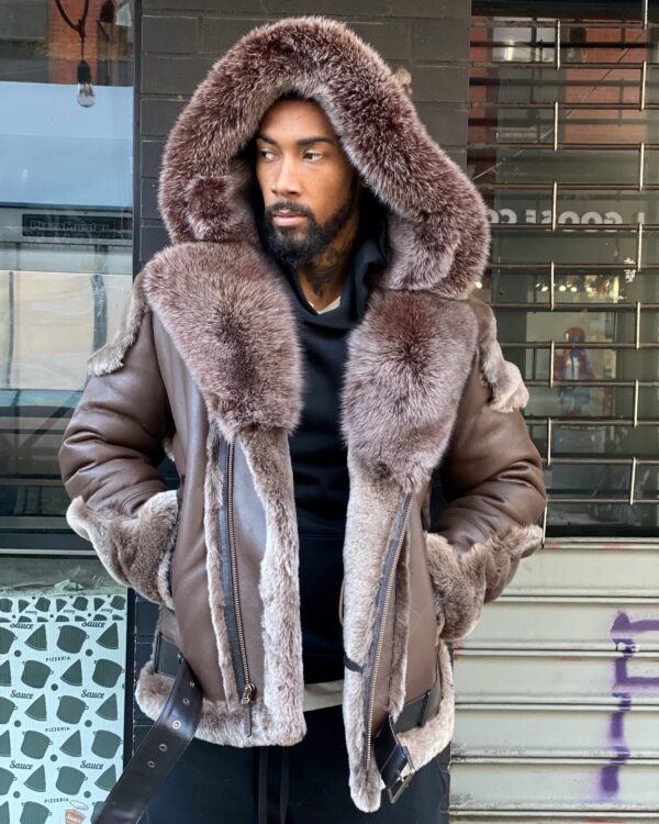 Men's Shearling - Brown Biker Style With Brown Fox Fur & Hood