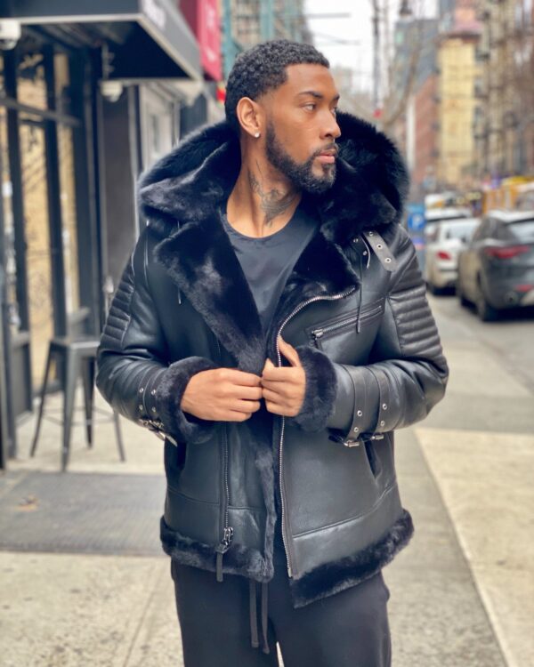 Men's DaRucci Black Ribbles Shearling Jacket with Fox Hood