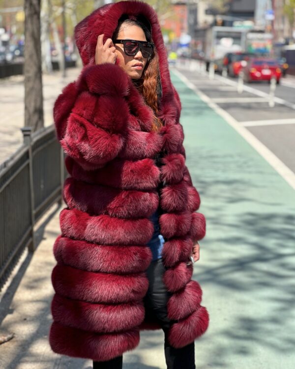 Women's DaRucci 3/4 Burgundy Fox Fur Coat with Hood