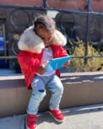 Kids' DaRucci Red V-Bomber Leather Jacket with Off-White Fox Fur Collar
