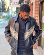 Men's DaRucci Black Leather Jacket with Natural Color Python Trim