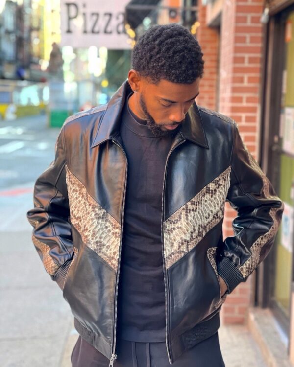 Men's DaRucci Black Leather Jacket with Natural Color Python Trim