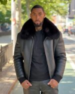 Men's DaRucci Black Baseball Shearling Bomber Jacket with Fox Fur