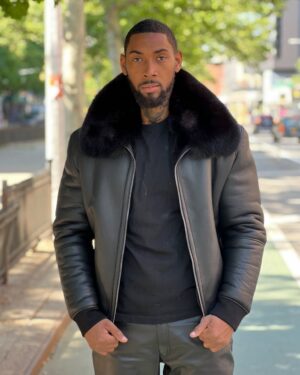 Men's DaRucci Black Baseball Shearling Bomber Jacket with Fox Fur