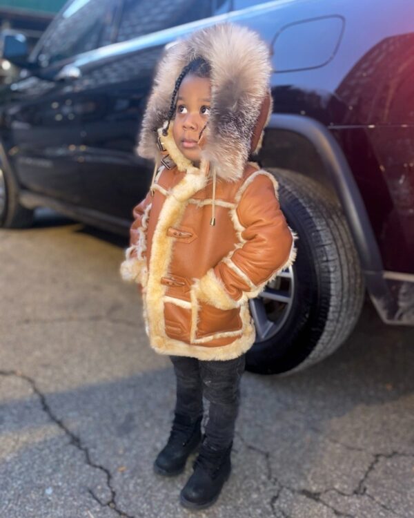Kids' DaRucci Cognac 3/4 Length Shearling Coat with Crystal Fox Fur Hood