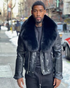 Men's DaRucci Black Biker Ribbed Jacket with Black Fox Fur