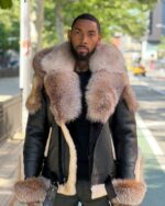 Men's DaRucci Two-Tone Black/Beige Shearling Jacket with Crystal Fox Fur & Hood