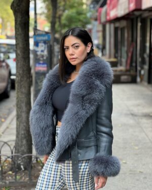 Women's DaRucci Grey Waist Length Shearling with Grey Fox Fur