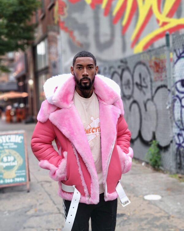 Men's DaRucci Camron Pink Biker Shearling Jacket with White Fox Fur Hood