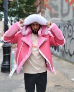Men's DaRucci Camron Pink Biker Shearling Jacket with White Fox Fur Hood