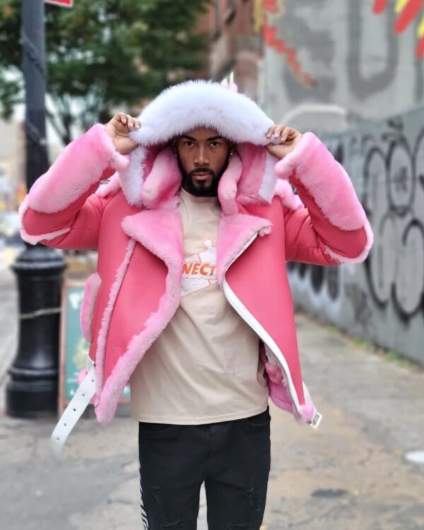 Men's DaRucci Camron Pink Biker Shearling Jacket with White Fox Fur Hood