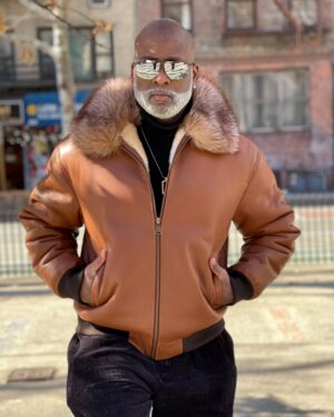 Men's DaRucci Cognac 3/4 Shearling Coat with Crystal Fox Fur
