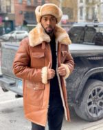 Men's DaRucci Cognac 3/4 Shearling Trench Coat with Pockets