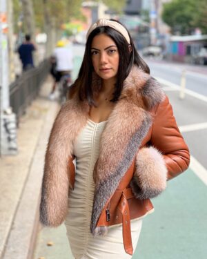 Women's DaRucci Cognac Waist Length Shearling with Crystal Fox Fur