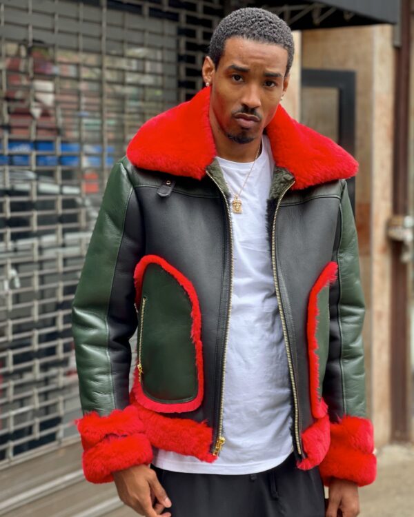 Men's DaRucci Multi-Color Pilot Shearling Jacket - Red/Green/Black