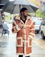 Men's DaRucci Cognac 3/4 Shearling Coat with Fox Fur Hood