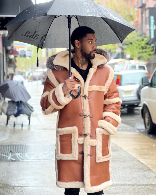 Men's DaRucci Cognac 3/4 Shearling Coat with Fox Fur Hood