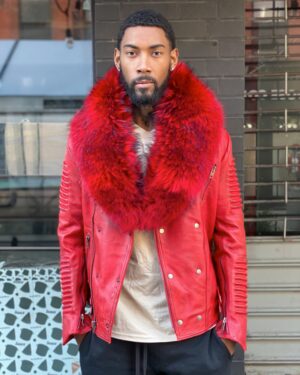 Men's DaRucci Distressed Red Biker Ribbed Jacket with Red Fox Fur